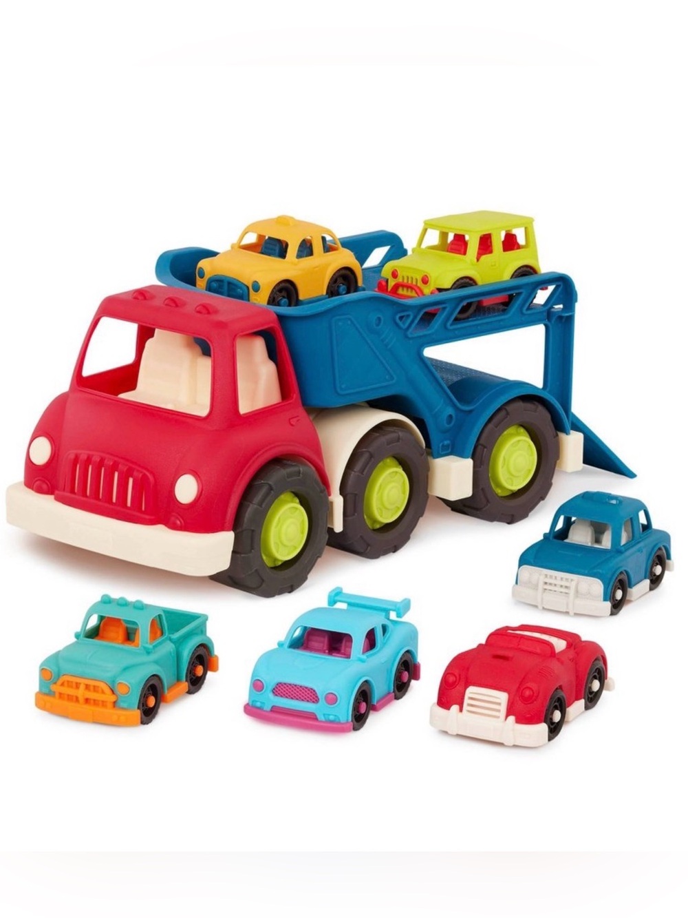 B.Toys Kids Toy Car Carrier Truck with Blue Trailer and Colorful Cars